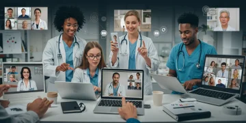 Diverse medical team and patients engaging in virtual telehealth consultations