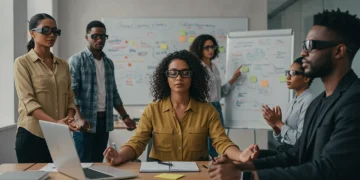 US professionals practicing cognitive wellness habits in a modern office