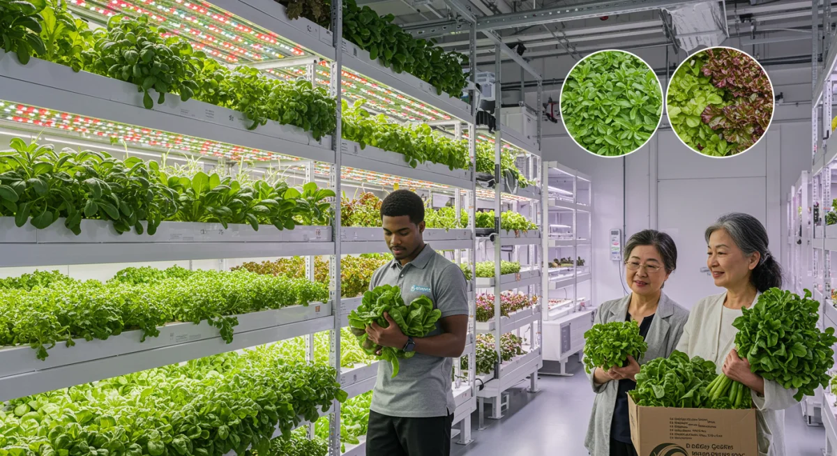 Indoor vertical farm showcasing sustainable food production for health