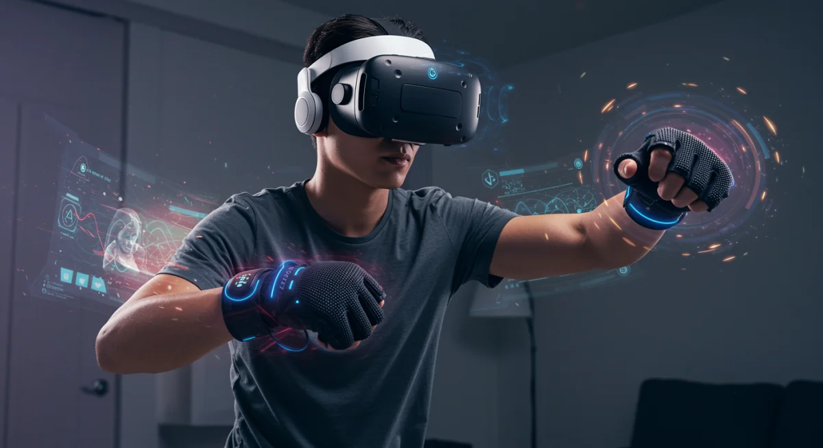 Individual exercising with virtual reality headset and haptic feedback