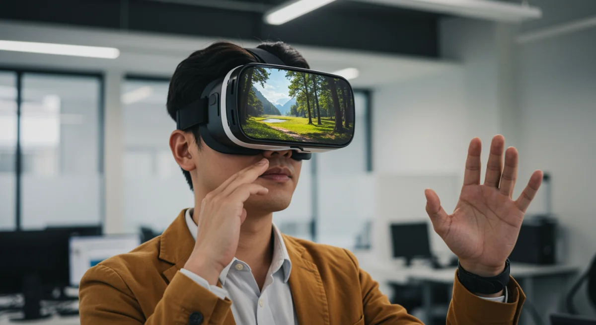 Employee using virtual reality for stress relief in an office