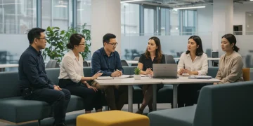 Employees discussing mental health support in a modern office with an HR professional.