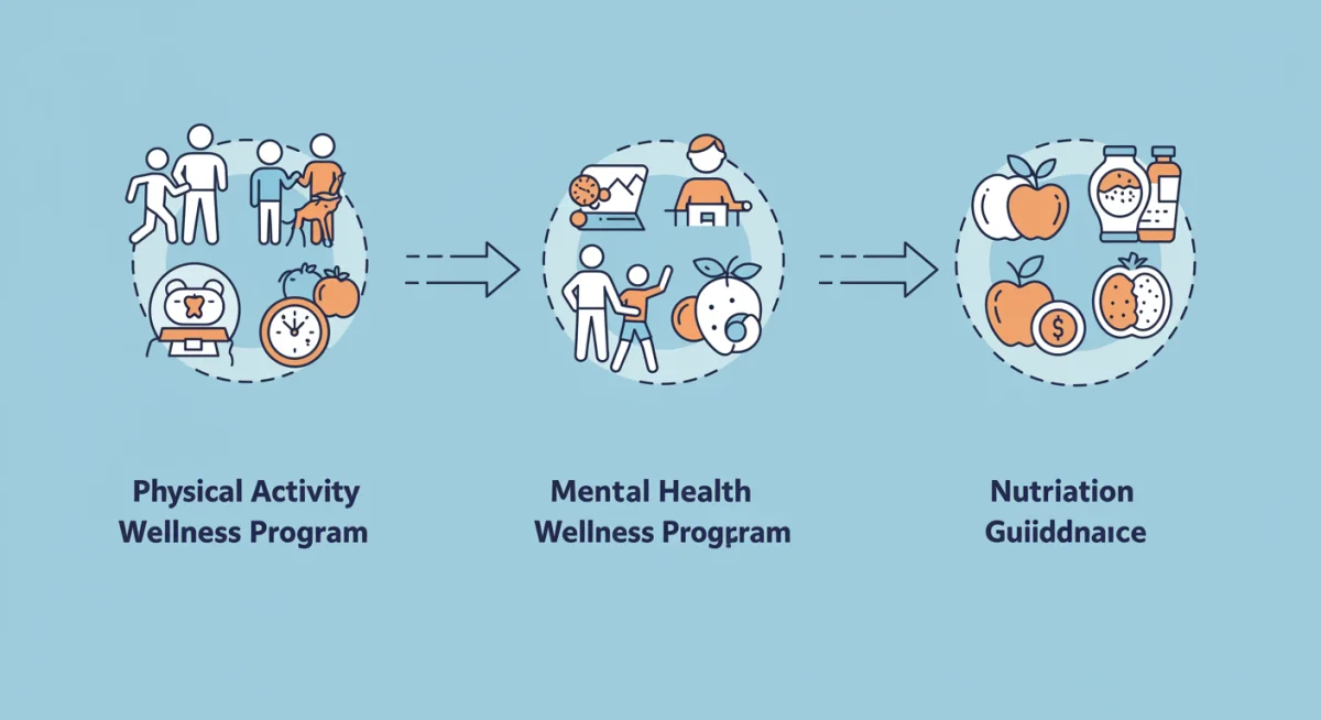 Infographic detailing physical, mental, and nutritional components of workplace wellness strategies.