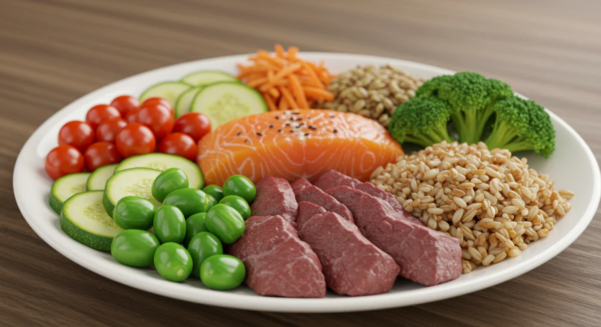 Colorful plate with balanced healthy meal of vegetables, protein, and whole grains.