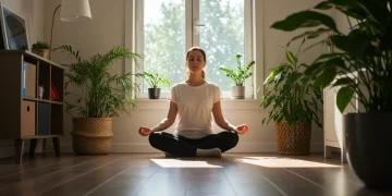 Person meditating calmly in a sunlit home office, fostering resilience