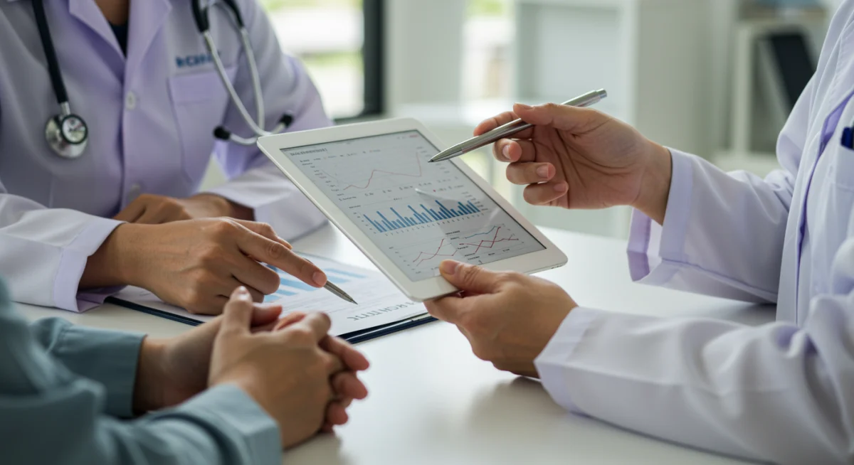 Doctor explaining preventative screening results to a patient on a tablet