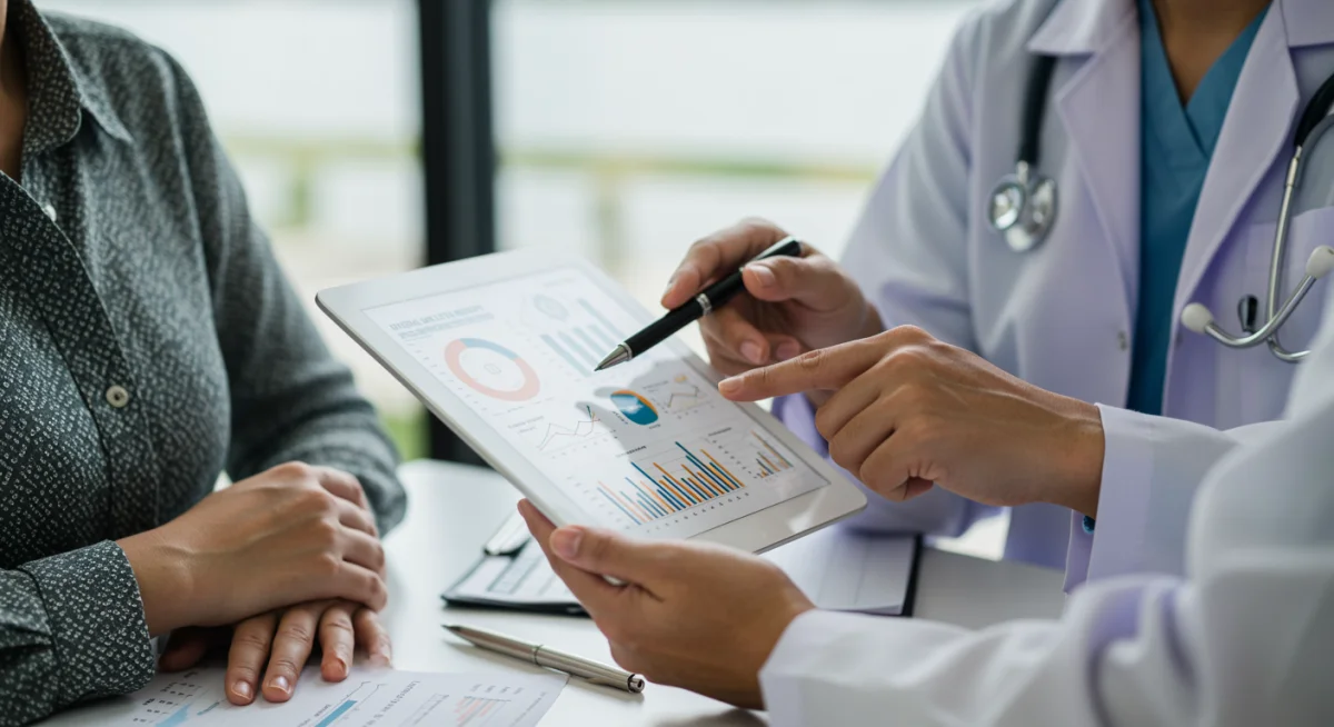 Doctor and patient reviewing digital health report on tablet