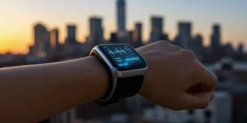 Futuristic wearable tech device displaying health metrics on a wrist.