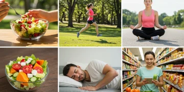 Person embracing healthy lifestyle with balanced diet, exercise, mindfulness, and good sleep for chronic disease prevention.