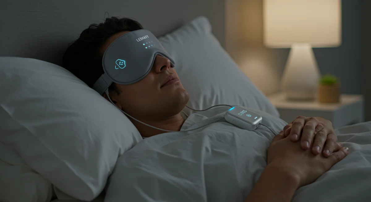 Individual using a personalized sleep optimization device for enhanced rest