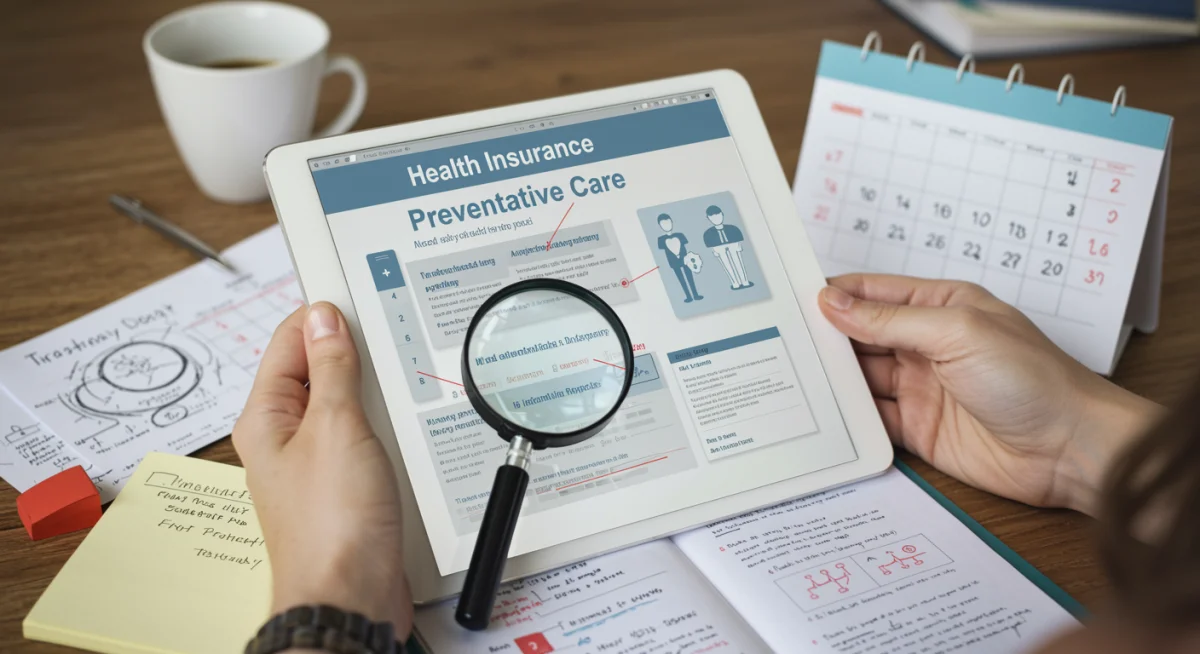 Person reviewing health insurance policy for preventative care