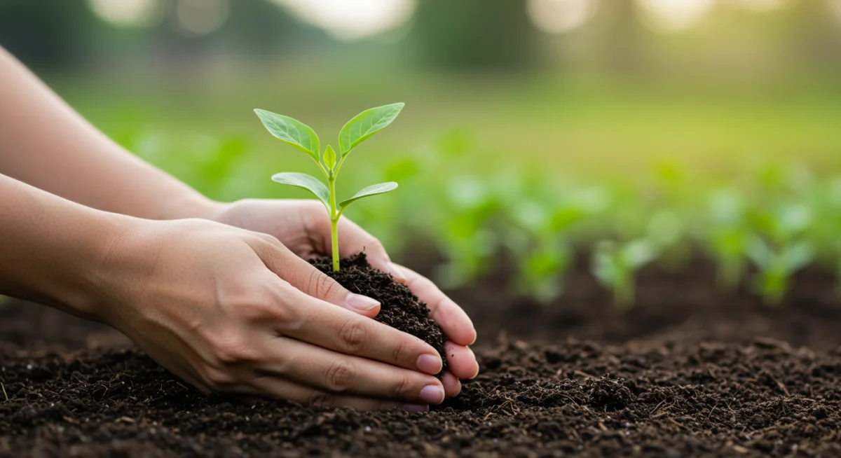 Hands nurturing a plant sprout, representing sustainable food practices and growth.