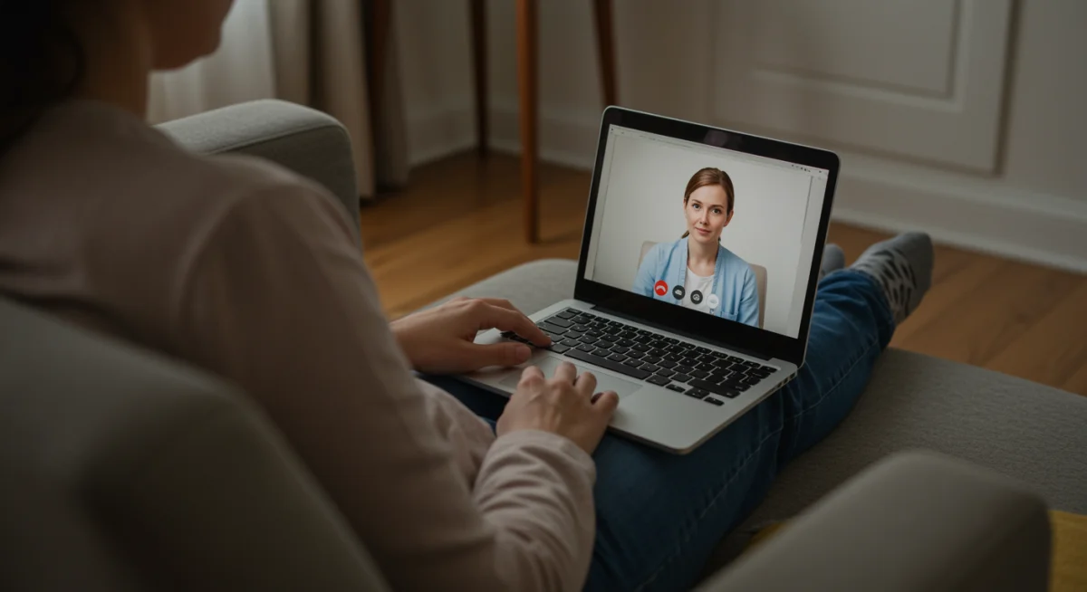 Individual receiving virtual therapy in a comfortable home setting, highlighting privacy and convenience.