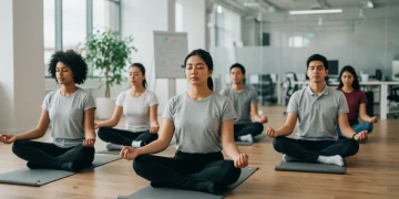 Employees practicing mindfulness meditation in a corporate wellness program