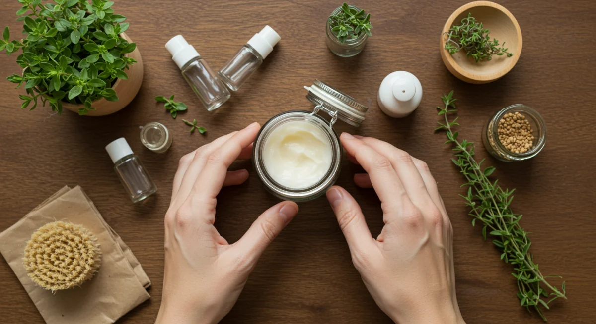 Applying natural skincare, emphasizing eco-friendly beauty and mindful consumption