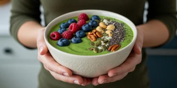 Hands holding a colorful smoothie bowl filled with fresh fruits and nuts, symbolizing a healthy diet for gut and mental well-being.