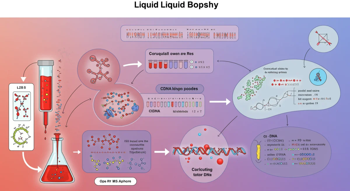 Illustration of liquid biopsy process, showing blood draw, lab processing, and ctDNA analysis for cancer detection.