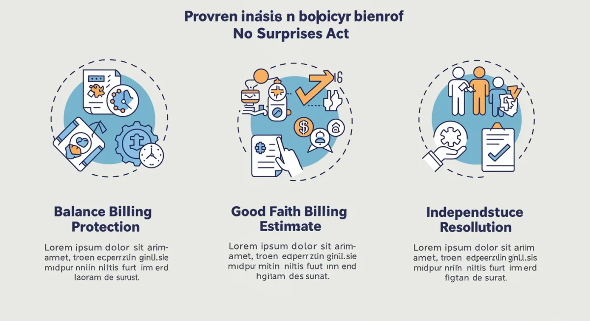 Infographic showing key provisions of the No Surprises Act: balance billing, good faith estimates, and dispute resolution.