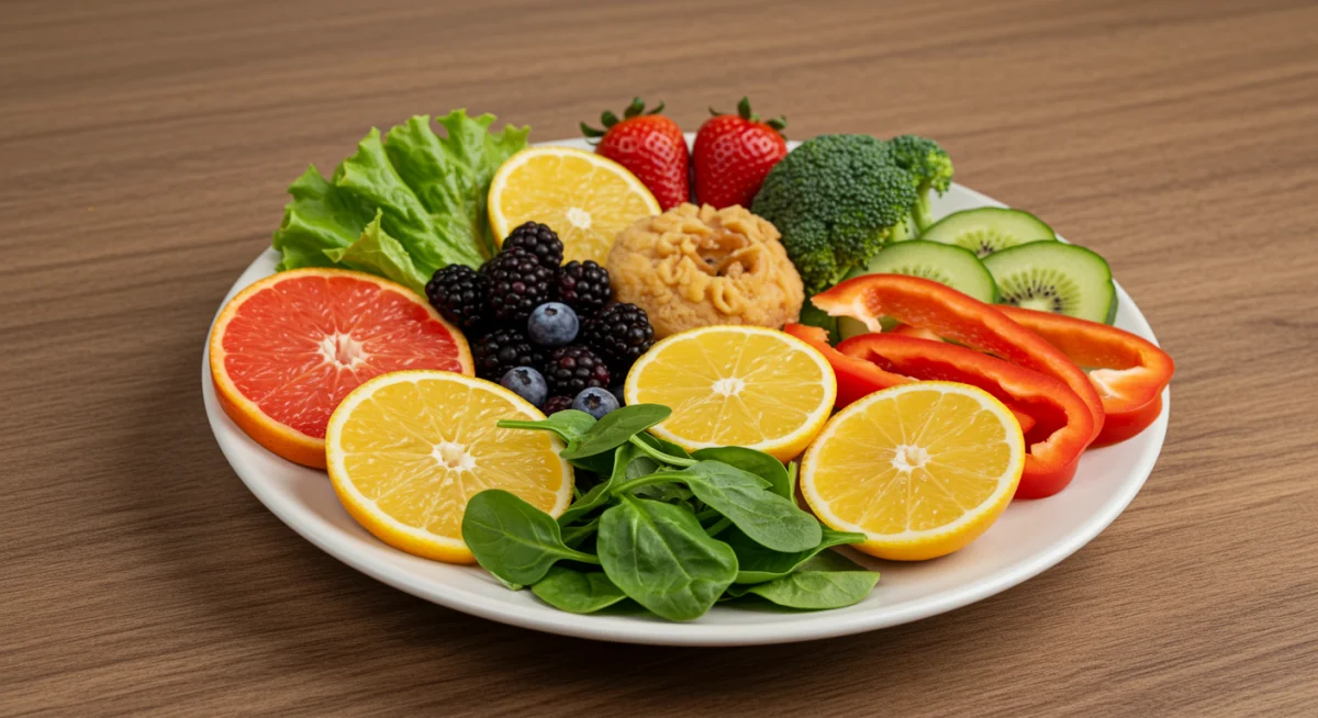 Colorful plate of fresh fruits and vegetables for immune-boosting nutrition.