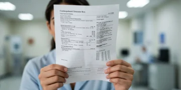 Confused patient holding a complex medical bill, representing unexpected healthcare costs.
