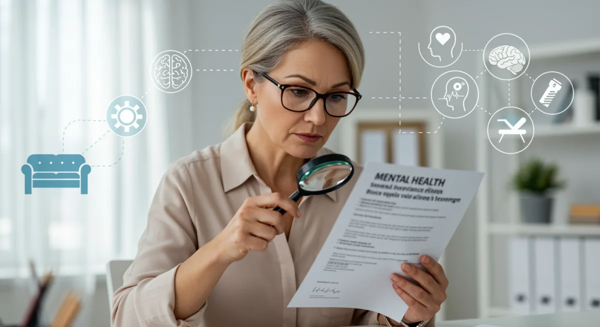 Reviewing mental health insurance policy documents.