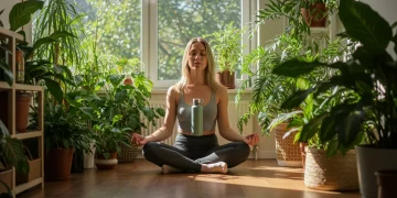 Woman meditating with plants, promoting sustainable self-care and wellness