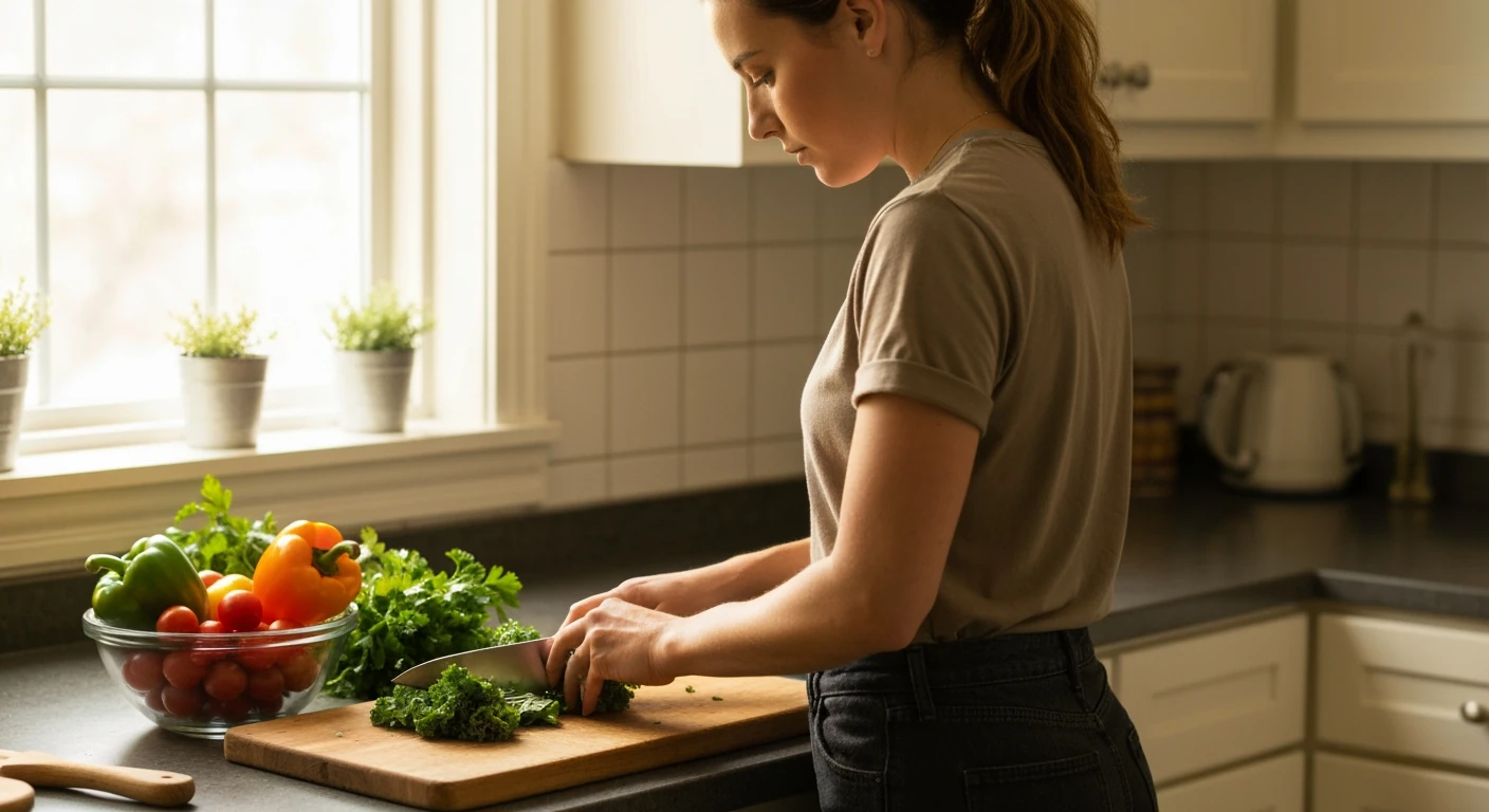 Mulher preparando uma salada nutritiva com vegetais frescos para promover a saúde mental em uma cozinha iluminada.