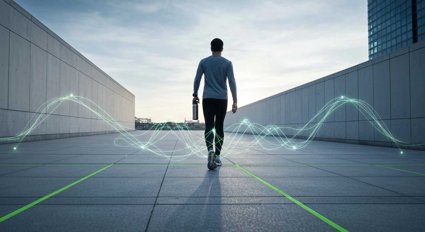 Pessoa caminhando em um ambiente urbano minimalista ao amanhecer, com linhas verdes abstratas representando as múltiplas dimensões da saúde geral, destacando bem-estar físico, mental e social.