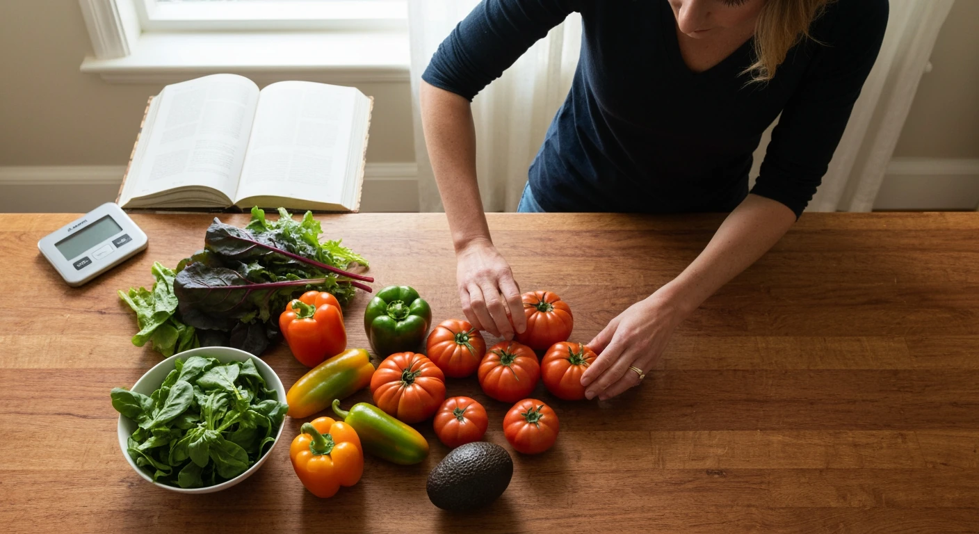 Mulher organizando ingredientes frescos e coloridos como tomates, abacate e folhas verdes em uma ilha de cozinha de madeira, enfatizando a densidade nutricional de uma receita fit. Luz natural suave.