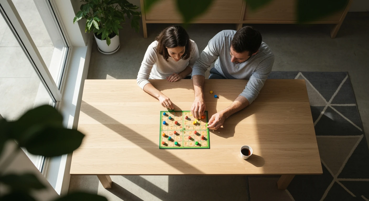 Uma família, pais e filho, jogando um jogo de tabuleiro em uma mesa de madeira clara, simbolizando a saúde física, mental e social da família em um ambiente acolhedor e minimalista.