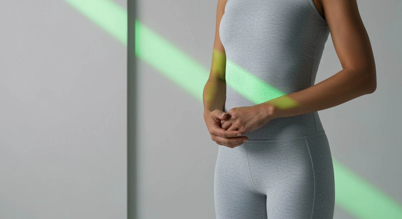Uma pessoa em uma postura calma, com um feixe de luz verde esmeralda atravessando a cena, simbolizando o equilíbrio entre fitness e bem-estar integral.