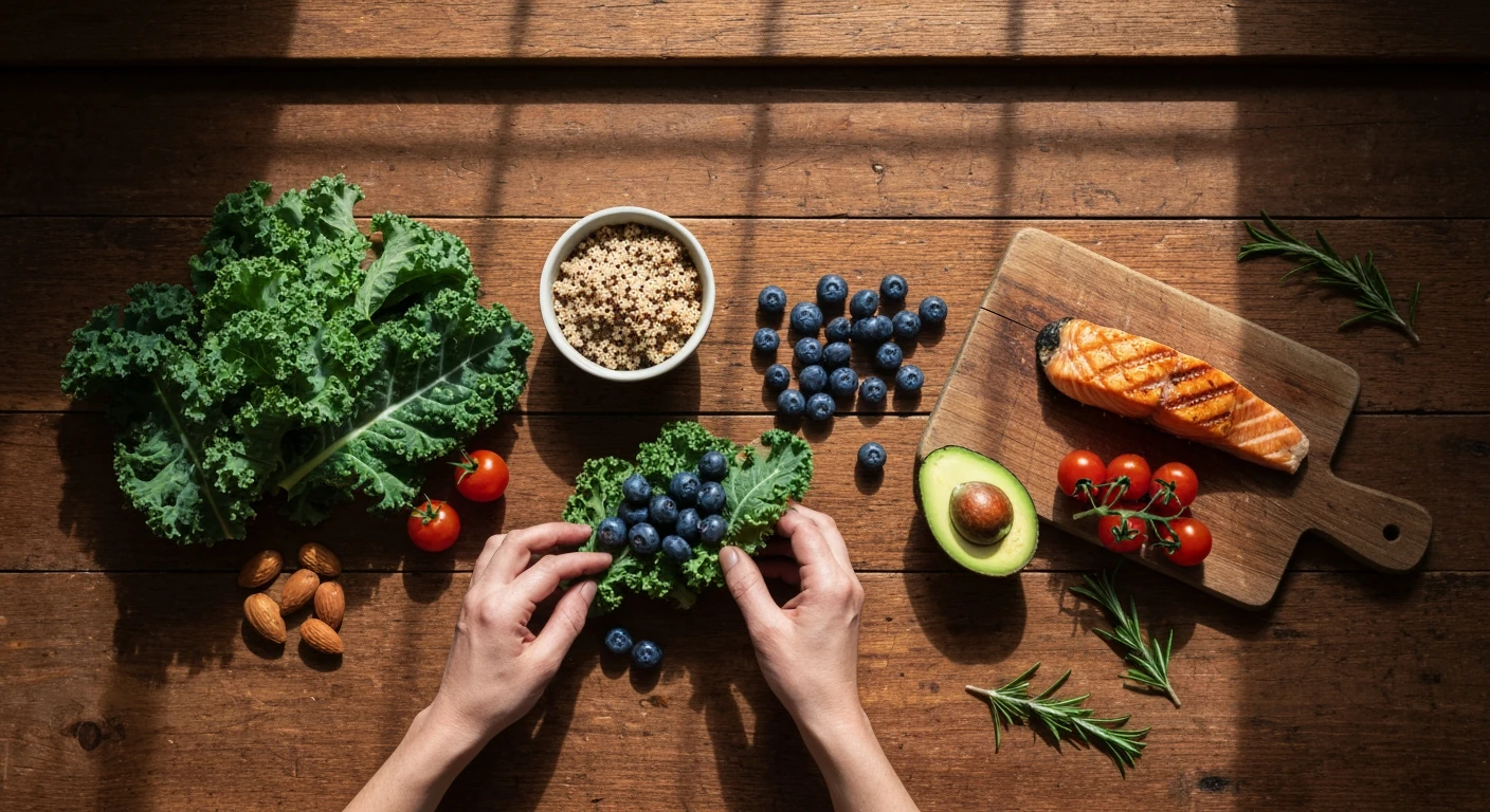 Uma pessoa organizando ingredientes integrais coloridos - como kale, mirtilos, quinoa, salmão grelhado e abacate - sobre uma mesa de madeira rústica, capturada de cima com luz natural contrastante, realçando a textura dos alimentos.