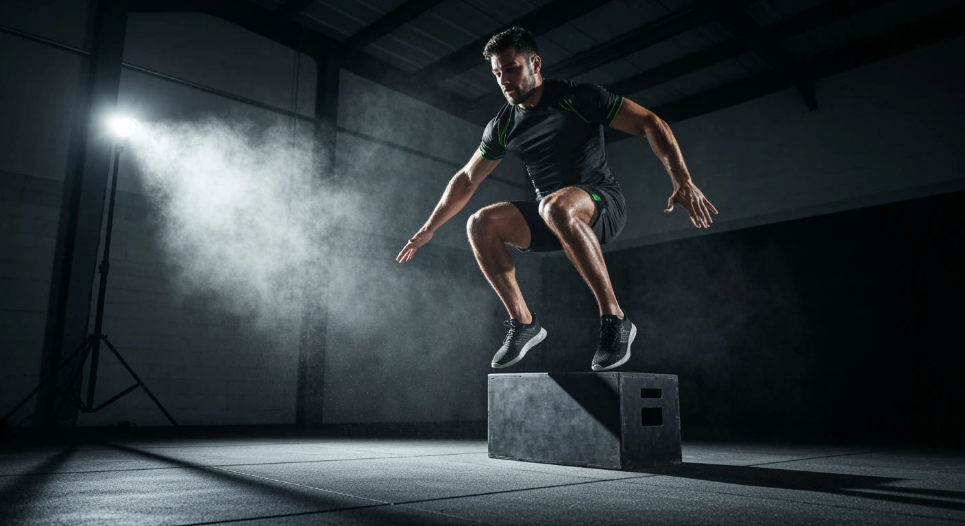 Fotografia profissional de um atleta saltando, com músculos definidos e suor visível, em uma academia com iluminação dramática. Os verdes e cinzas escuros dominam a cena, com movimento borrado para indicar intensidade.