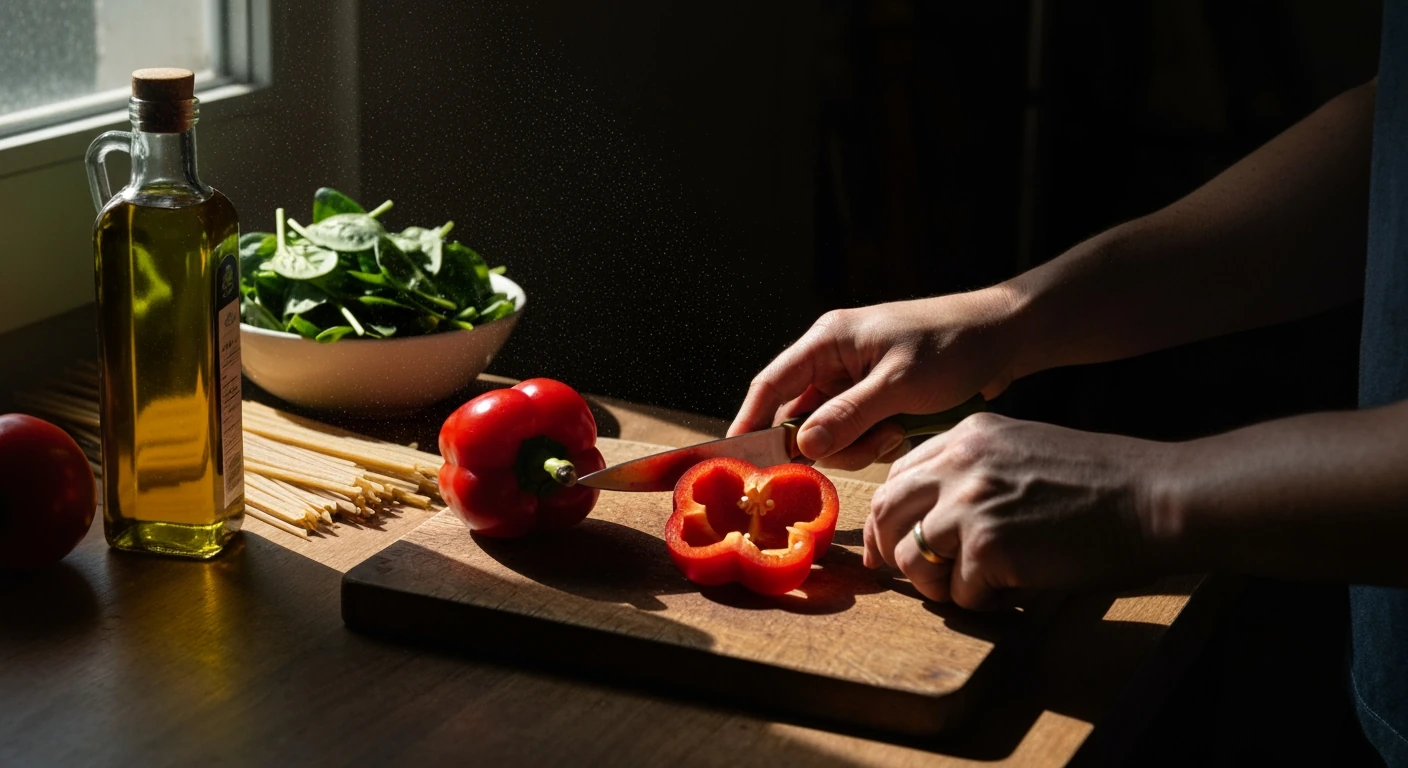 Mãos cortando pimentões vermelhos em uma tábua de carvalho, simbolizando a preparação de uma receita fit nutritiva e equilibrada.