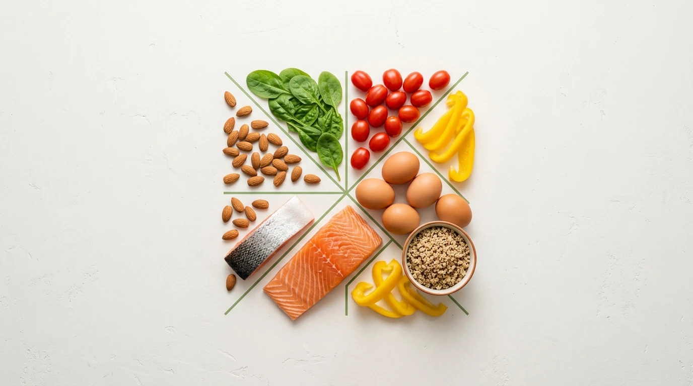 Disposição aérea geométrica de ingredientes fit, incluindo espinafre, tomate, pimentão, ovos, quinoa, salmão e amêndoas, sobre uma superfície branca com linhas verdes, simbolizando uma culinária consciente e nutritiva.