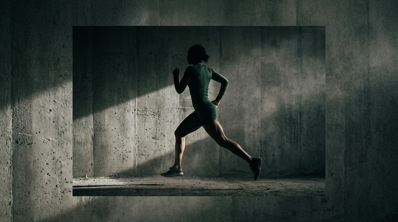 Silhueta dramática de uma corredora em movimento, destacada por uma única fonte de luz lateral, contra uma parede de concreto rugosa, simbolizando a interconexão entre fitness e bem-estar mental.