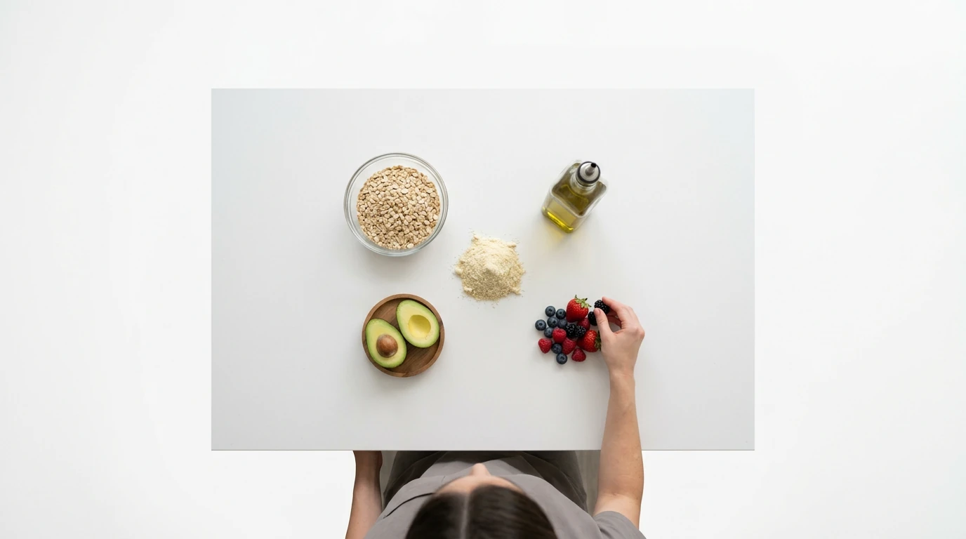 Uma pessoa organizando ingredientes como aveia, farinha de amêndoas, abacate e azeite em uma ilha de cozinha branca, demonstrando os pilares de uma receita fit. Iluminação natural suave e composição minimalista.
