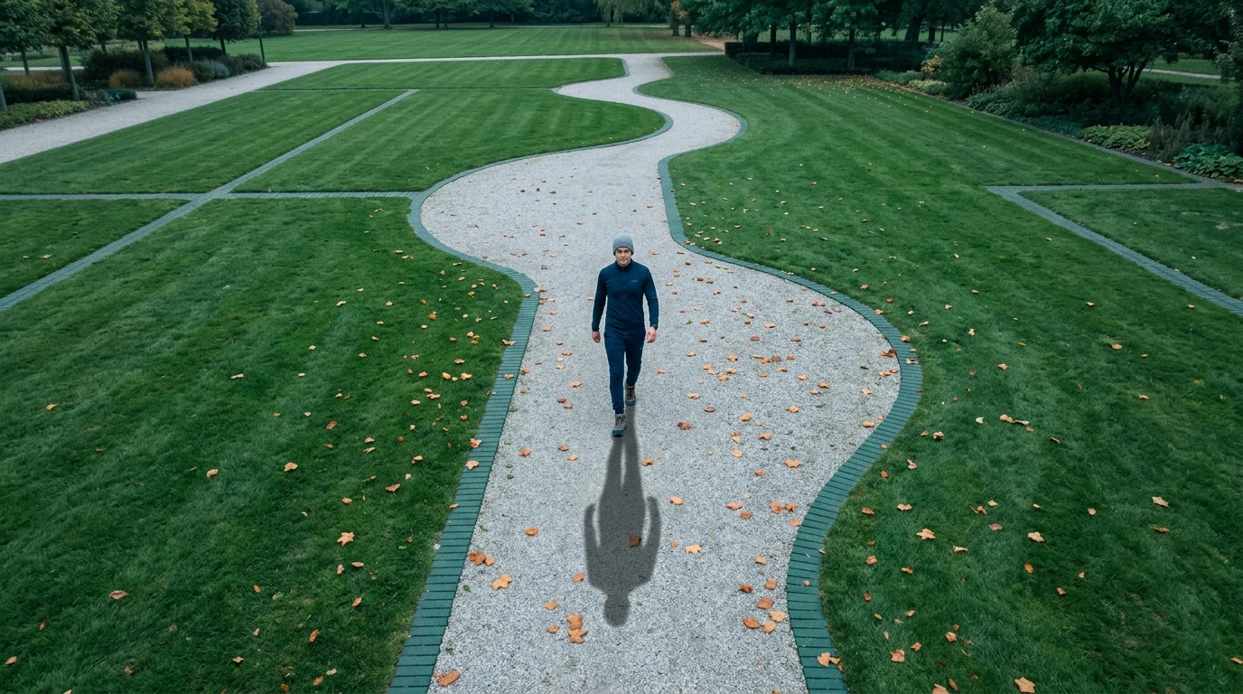 Fotografia aérea de uma pessoa caminhando em um parque, trilha de cascalho com bordas geométricas verdes, grama verde, folhas de outono e iluminação suave e nublada.
