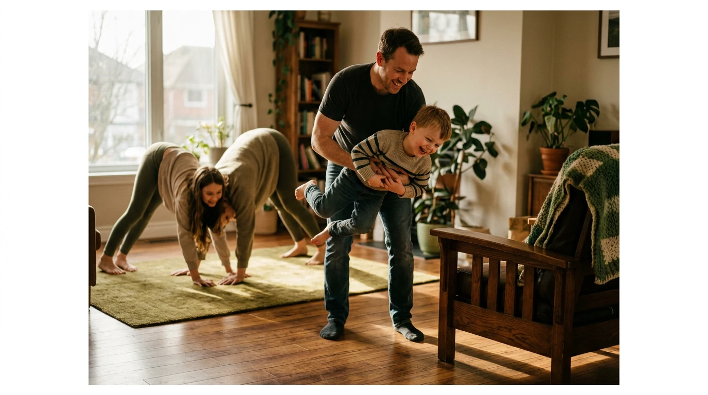 Fotografia profissional de uma família brincando na sala de estar, pai levantando a criança, mãe e filho mais velho se alongando no tapete de yoga verde, luz natural dramática com sombras suaves, ambiente acolhedor e tons terrosos com toques de verde, transmitindo alegria e conexão familiar.