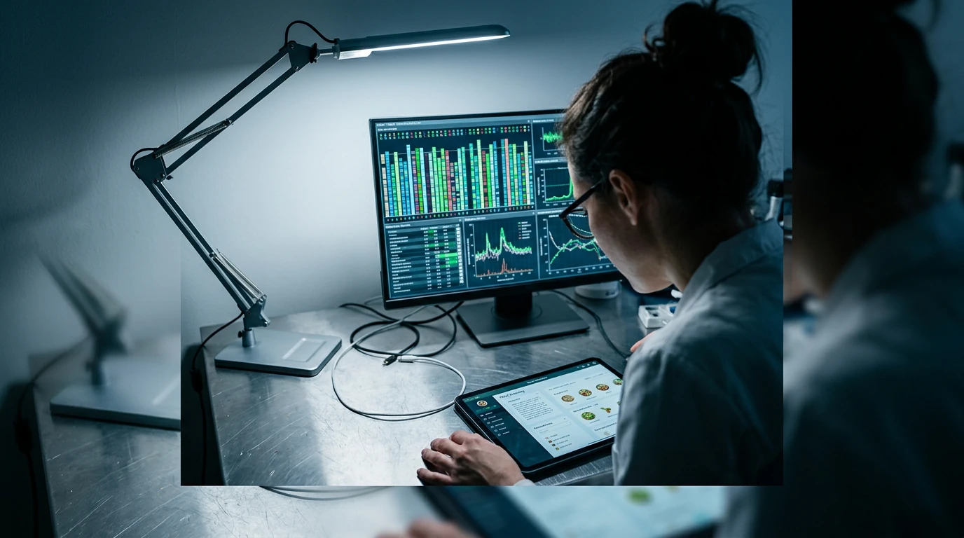 Mulher examinando dados genéticos e metabólicos em um monitor, com um plano nutricional personalizado em um tablet, em um ambiente de laboratório moderno e de alta tecnologia.