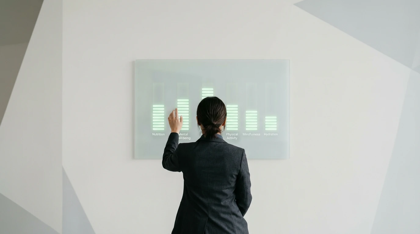 Fotografia profissional de uma pessoa ajustando um equalizador gráfico em um painel de toque de vidro fosco, simbolizando o equilíbrio dos hábitos saudáveis para a saúde integral.