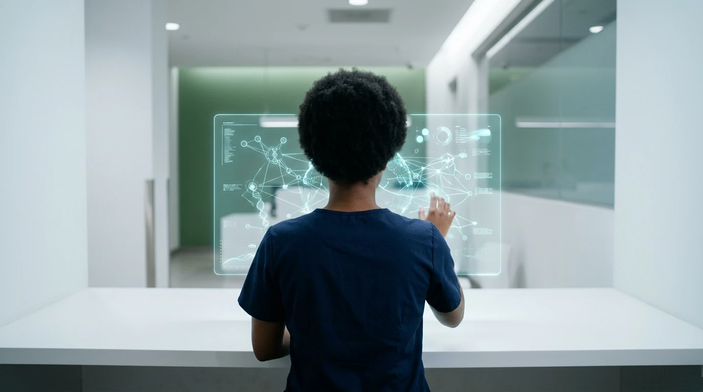 Pessoa interagindo com um display holográfico que mostra dados genômicos e preditivos de saúde, representando a medicina preventiva personalizada.