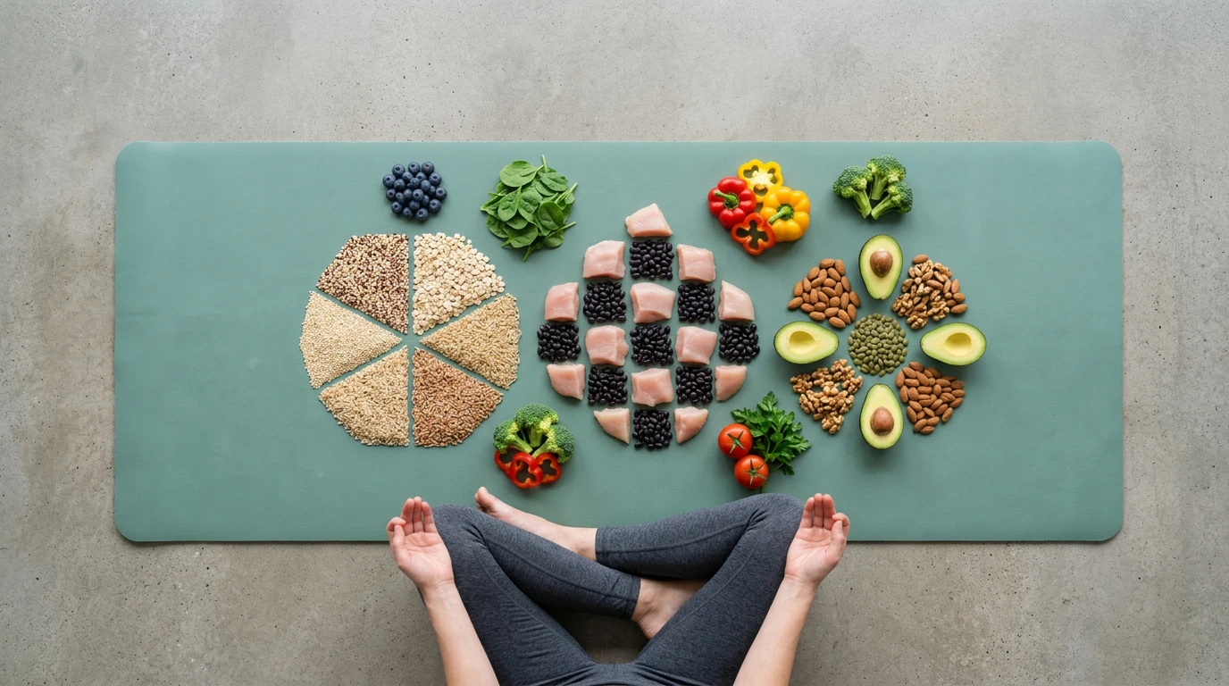 Visão aérea de uma pessoa sentada em um tapete de yoga verde, com uma organização geométrica de alimentos naturais ao redor: grãos, proteínas magras, abacate e vegetais coloridos, simbolizando nutrição para o exercício.