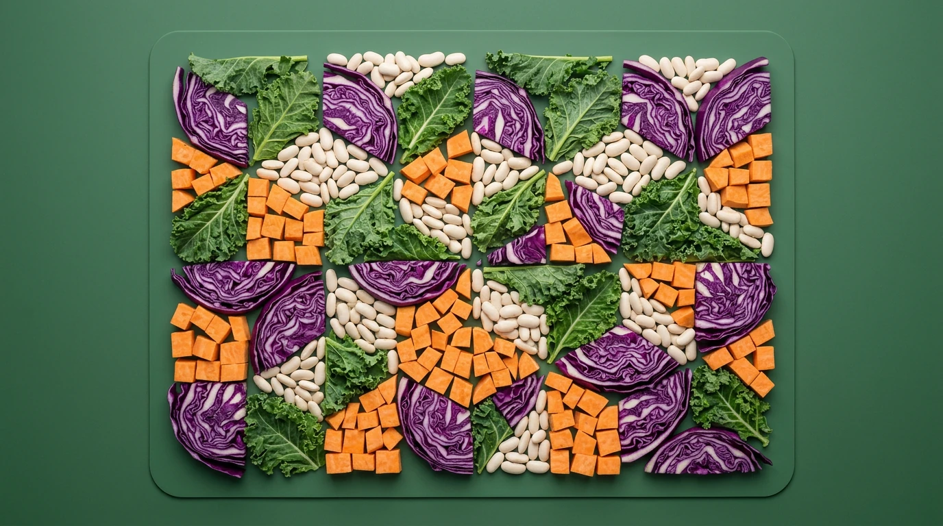 Vista aérea geométrica de uma variedade de ingredientes vegetais crus, incluindo repolho roxo, couve, batata doce e feijão branco, arranjados sobre um tapete verde fosco para culinária, simbolizando a riqueza e complexidade da culinária plant-based.