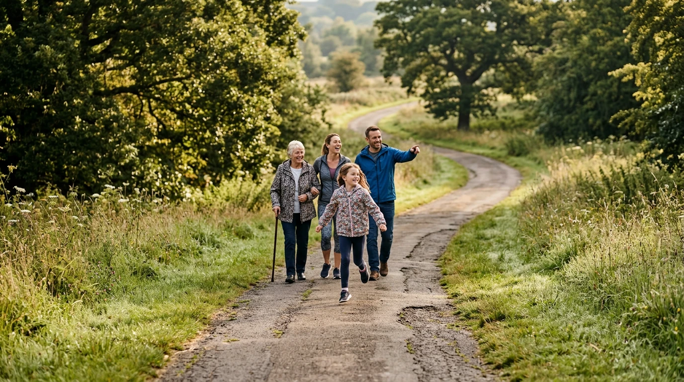Uma família feliz – incluindo pais, criança e avós – caminhando ativamente em um parque ensolarado, representando o início da jornada de fitness e bem-estar para todas as idades.